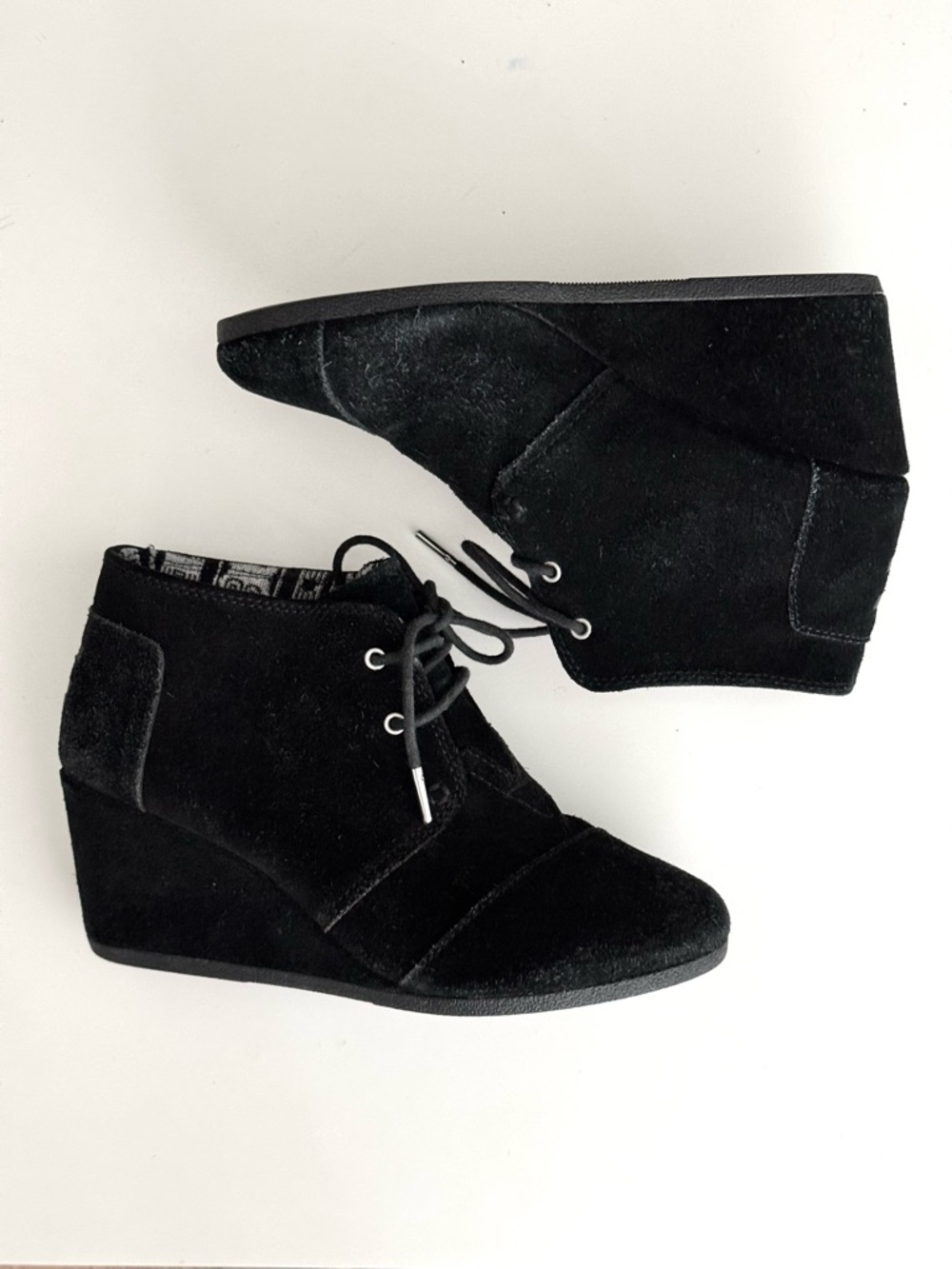 Toms Black Suede Desert Lace Up Wedge Ankle Booties, Scandi Girl, Boho, Sz 9